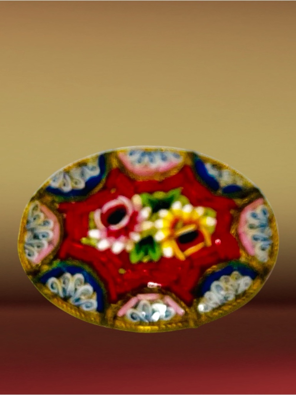 Vibrant Vintage Italian Micro Mosaic Floral Oval Brooch Brass Frame Estate Find